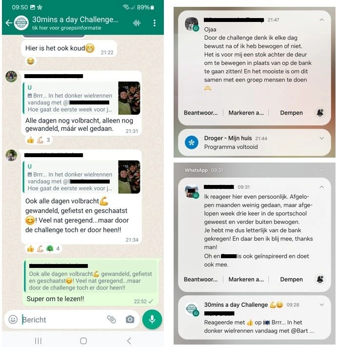 Schermafbeeldingen van reacties uit de WhatsApp-groep van de 30 minuten challenge
