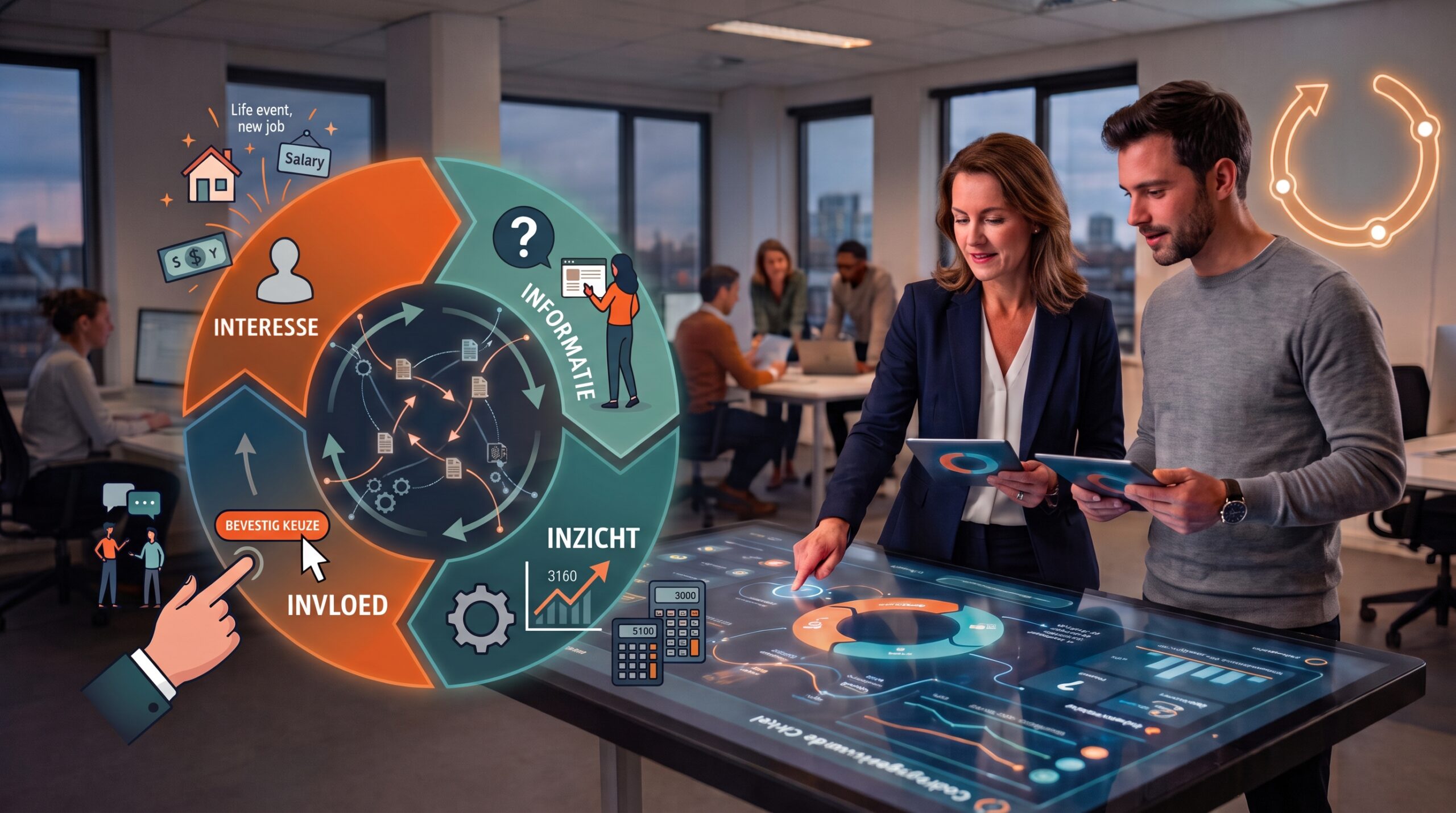 De 4 I’s van klantcommunicatie als cirkel: interesse, informatie, inzicht en invloed zonder eindpunt