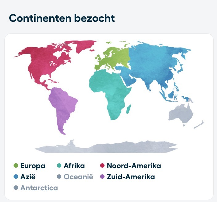 Wereldkaart met de continenten die ik bezocht in kleur, Oceanië en Antarctica nog grijs